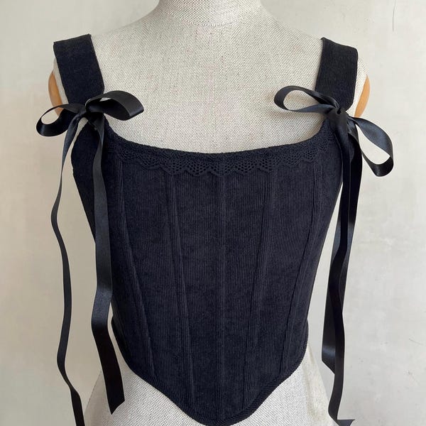 Renaissance Stays Black Corset Top with Satin Ribbon Straps, Ren faire bodice Fairycore Bustier Cottagecore corset 18 th century top