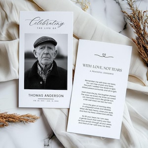 Plantilla de tarjeta de oración para funeral de Canva, notas de inserción de recuerdo para invitados editables, tarjeta de homenaje con poema de simpatía para ceremonia de celebración de la vida