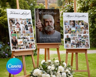Funeral Poster Collage Editable Template, Celebration of Life Memorial Sign Board, Set of 3 In Loving Memory Tribute Posters Bundle