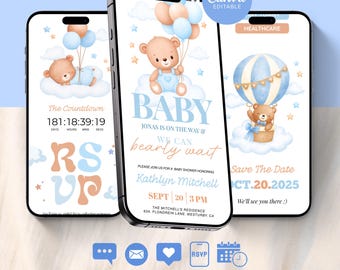 Bear Baby Shower Invitation Template Canva, Cute Blue We Can Bearly Wait Baby Boy Shower Intuitive Website w/ Online Digital RSVP, Registry