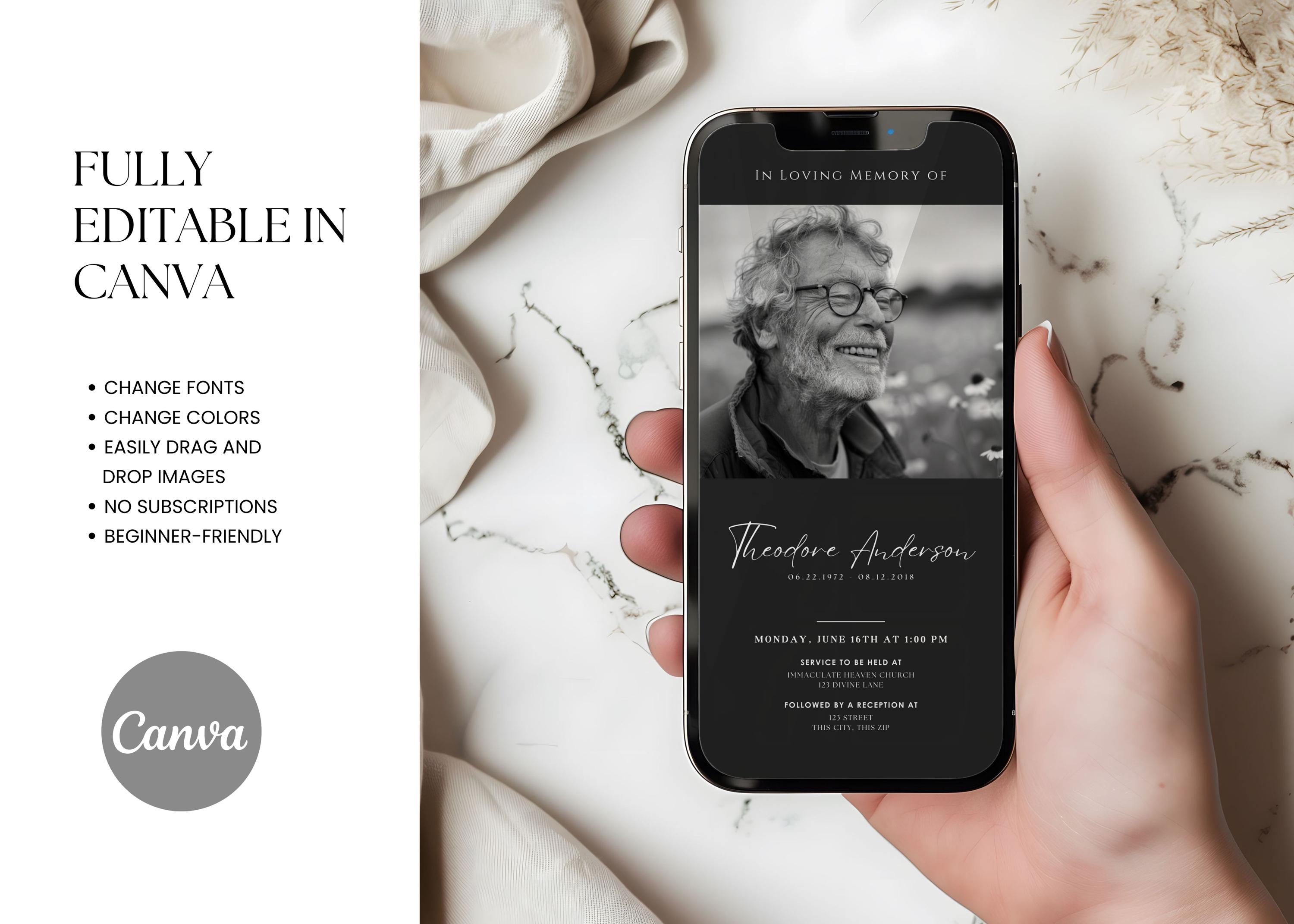 Simple Black Digital Funeral Invitation Announcement Template Canva ...