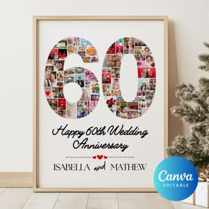 Modèle de collage de numéros de 60e anniversaire, impression de collage de cadre photo personnalisé, cadeau de tableau d'étape de mariage pour l'hommage des grands-parents