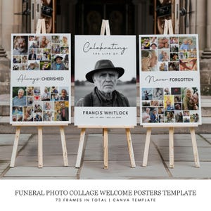 Set di 3 poster collage di foto funebri modello Canva, cartello di celebrazione della vita, benvenuto alla cerimonia in amorevole memoria, omaggio commemorativo