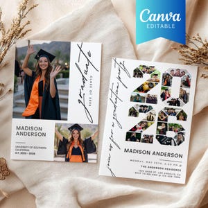 Plantilla moderna de anuncio de fiesta de graduación (Canva), collage de fotos único de la generación de 2026, tarjeta de invitación para fiesta de graduación universitaria