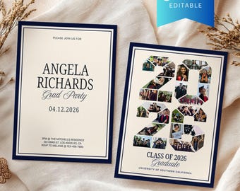 Luxury Blue Graduation Party Announcement Canva Template with Number Photo Collage, Printable Class of 2026 Grad Invitation Card