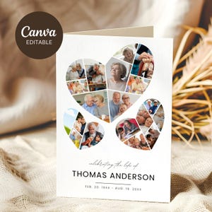 Plantilla de Canva para programa de collage de corazones funerarios, orden de servicio conmemorativo plegable imprimible, tarjeta de ceremonia de obituario de celebración de la vida