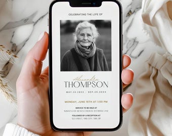 May include: A black and white photo of a woman on a white background with the text "Celebrating the life of Alexandra Thompson May 13, 19XX - Sep 25, 20XX" and "Monday, June 16th at 1:00 PM Service to be held at Immaculate Heaven Church 123 Divine Lane Followed by a reception at 123 Street, This City, This Zip" in gold text.