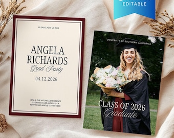 Old Money Graduation Party Announcement Canva Template, Printable Class of 2026 Senior, High School Printable Grad Invitation Card