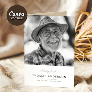 Plantilla Canva de programa funerario fotográfico plegable minimalista, folleto imprimible editable para ceremonia de homenaje, obituario y celebración de la vida