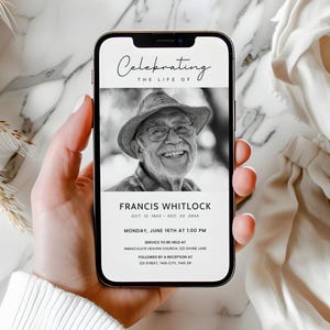 Modelo de convite para celebração digital da vida, anúncio de funeral simples editável pela Canva, mensagem de texto eletrônica para memorial de falecimento Evite