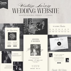 May include: A vintage-style wedding website template in black and white. The design includes sections for details, timeline, RSVP, and FAQs. The text includes "Vintage Luxury WEDDING WEBSITE" and "AMANDA & MATHEW".
