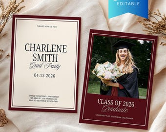 Luxury Graduation Party Announcement Canva Template, Modern Printable Class of 2026 Senior, High School Printable Grad Invitation Card