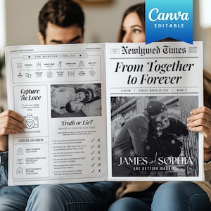 May include: A black and white newspaper style wedding announcement with the headline "Newlywed Times: From Together to Forever". The announcement features a photo of the couple kissing and the text "James and Sophia are getting married".