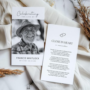 Modèle de toile de carte de prière funéraire minimaliste, note modifiable de souvenir de célébration de la vie, carte de poème hommage commémoratifs de faveurs