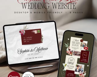 Olive & Burgundy Wedding Website Template with Wedding Invite, Digital Save the Date, Online RSVP, Mobile Friendly Old Money Premium Design