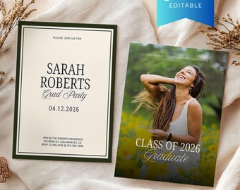Sage Green Graduation Party Announcement Canva Template, Printable Vintage Class of 2026 Senior, High School Printable Grad Invitation Card