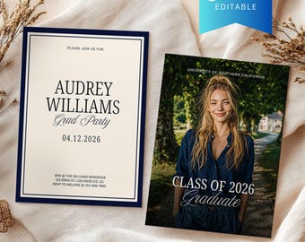 Navy Blue Graduation Party Announcement Canva Template, Luxury Printable Class of 2026 Senior, High School Printable Grad Invitation Card