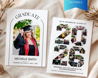 Simple Graduation Party Announcement Canva Template with Photo Collage, Class of 2026 Senior College/High School Grad Party Invite Card