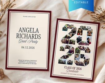 Old Money Graduation Party Announcement Canva Template with Number Photo Collage, Printable Class of 2026 Grad Invitation Card