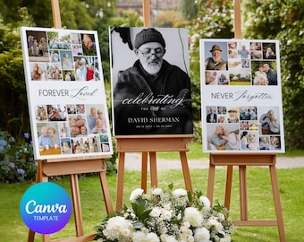 Funeral Collage Template Set of 3 | Celebration of Life Tribute Display Board | Memorial Welcome Sign | Canva Editable In Loving Memory Sign