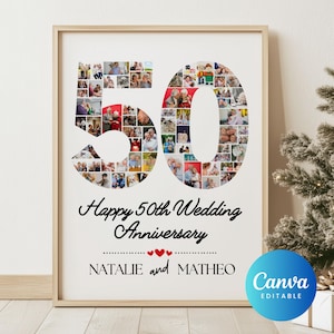 Modèle de collage pour anniversaire de mariage 50e, cadeau de collage photo personnel bricolage nombre doré pour grand-parent, impression personnalisée hommage à une étape importante