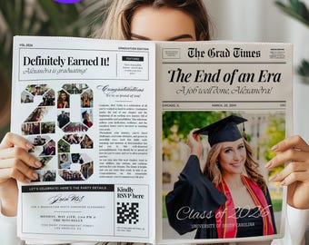 Senior Year Graduation Newspaper Announcement Canva Template with Class of 2026 Multiple Photo Collage, Graduate Party Invite Decoration