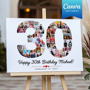 Canva 30th Birthday Collage Template, Personalized 18th Number Frames Party Banner/Sign, Printable Party Milestone Poster Decor Gift