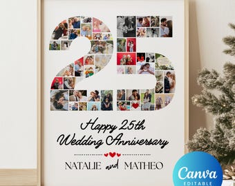 Peut inclure: Un collage photo blanc dans un cadre en bois avec un montage photo des photos d'un couple en forme de numéro 25. Le texte "Happy 25th Wedding Anniversary Natalie and Matheo" est sous le collage.