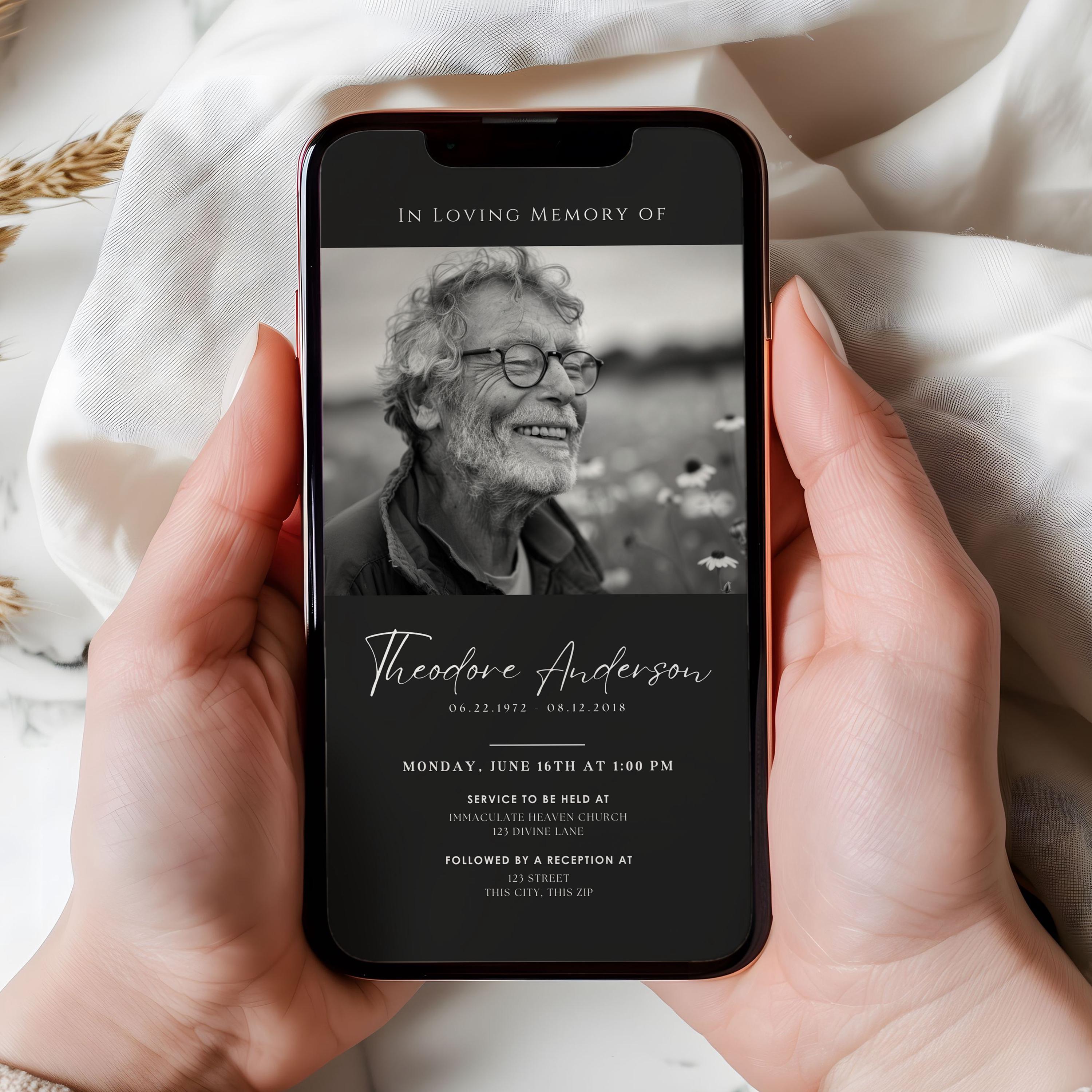 Simple Black Digital Funeral Invitation Announcement Template Canva ...