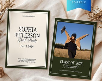 Vintage Sage Green Graduation Party Announcement Canva Template, Printable Class of 2026 Senior, High School Printable Grad Invitation Card