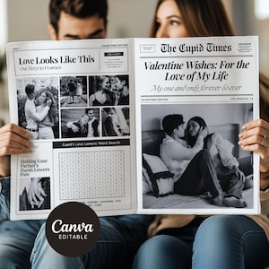 Paar Valentinstag Zeitung Geschenk Vorlage Canva, bearbeitbare Amor Zeiten werden Sie mein Valentinstag Partner Geschenk, Romantisches Geschenk für Ihn