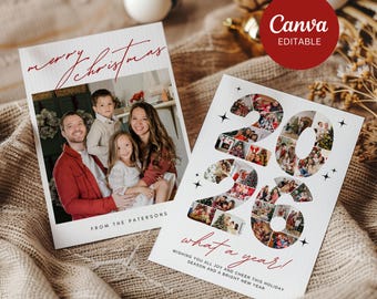 May include: Two white rectangular Christmas cards with red text. One card features a family photo and the text merry christmas from the patersons. The other card displays the year 2026 filled with small photos and the text what a year.