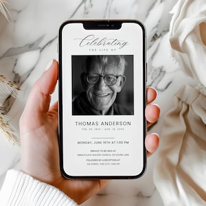 Può includere: Un biglietto di memoria digitale in bianco e nero con una foto di un uomo sorridente. Il biglietto recita "Celebrating the Life of Thomas Anderson, Feb. 20, 19XX - Aug. 19, 20XX. Monday, June 16th at 1:00 PM. Service to be held at Immaculate Heaven Church, 123 Divine Lane. Followed by a reception at 123 Street, This City, This Zip."