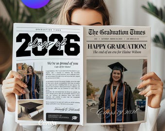 Senior Year Newspaper Announcement Canva Template, Printable High School, College, University Class of 2026 with Graduate Party Invite