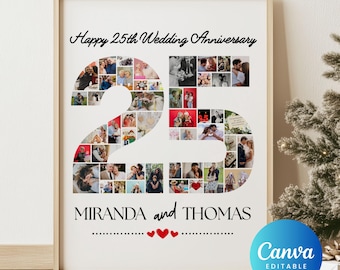 Peut inclure: Impression encadrée célébrant un 25e anniversaire de mariage. Le chiffre « 25 » est rempli de plusieurs photos. Les mots « Happy 25th Wedding Anniversary » et les noms « Miranda and Thomas » sont affichés en écriture élégante. Des cœurs rouges et le logo Canva sont également visibles.