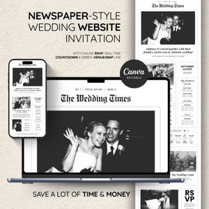 Plantilla de invitación para boda en formato periódico (Canva), con seguimiento de RSVP, cuenta regresiva, enlace al lugar y al mapa, itinerario de ceremonia para compartir en línea.