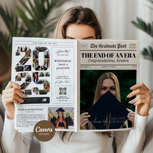 シニア卒業新聞発表ギフトCanvaテンプレート、2025年卒業クラス複数写真コラージュ卒業パーティーお祝い招待カード