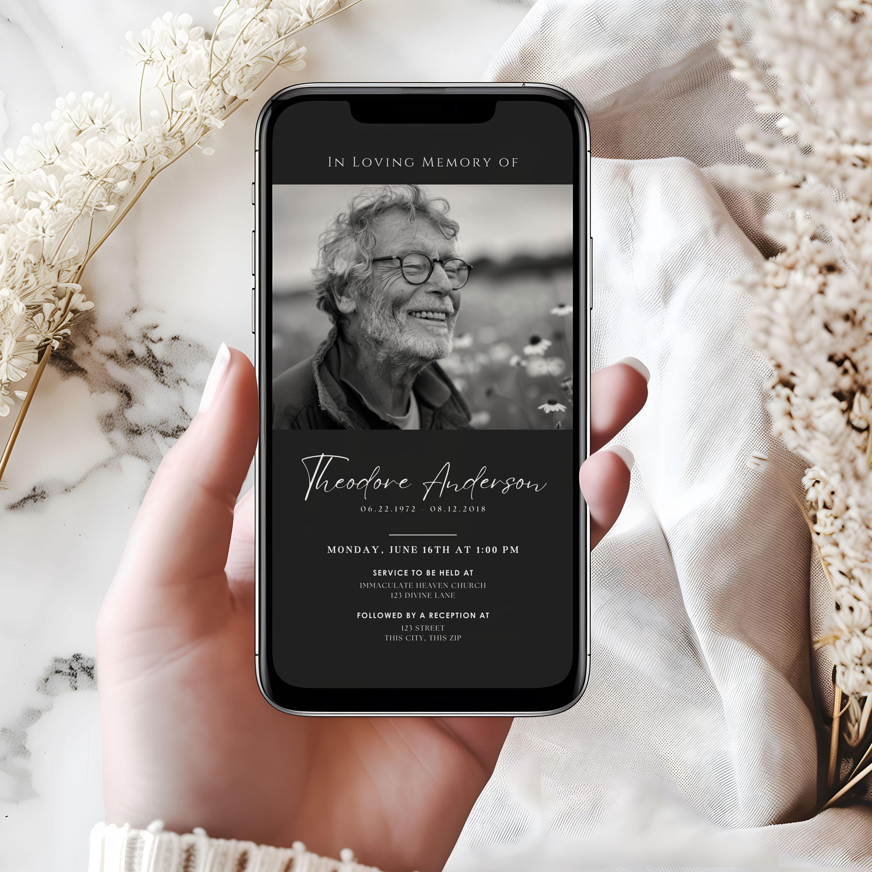 Simple Black Digital Funeral Invitation Announcement Template Canva ...