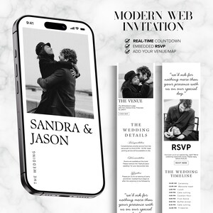 Modèle d'invitation Web de mariage simple Canva, faire-part numérique intuitif et partageable avec réponse en ligne, compte à rebours, lien vers le lieu et la carte