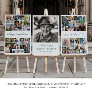 Collage de photos funéraires, affiches de bienvenue, modèle modifiable sur toile, panneau d'image d'entrée célébration de la vie, enseigne en hommage à la mémoire d'amour