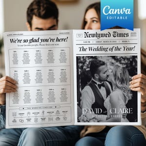May include: A black and white wedding announcement newspaper template with a photo of the bride and groom kissing. The headline reads "Newlywed Times" and "The Wedding of the Year!" The text below the photo reads "David and Claire are getting married".