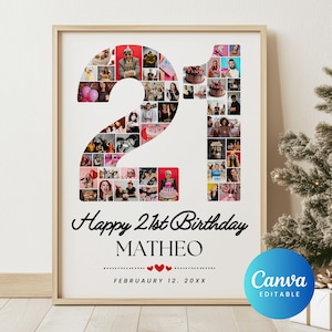 Plantilla de collage de fotos para 21 cumpleaños, regalo personalizado para él/ella, póster con marco de fotos Canva, decoración para fiestas