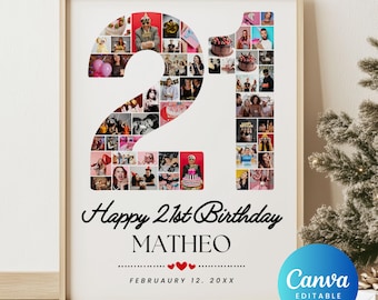 Puede incluir: Un marco blanco con un collage de fotos para un cumpleaños número 21. Los números 21 están hechos de fotos y el texto dice "Feliz cumpleaños número 21 MATHEO" con la fecha "FEBRERO 12, 20XX" debajo.