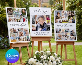 Funeral Photo Collage Template Set of 3 | Celebration of Life Tribute Display Board | Memorial Welcome Sign | Canva In Loving Memory Board