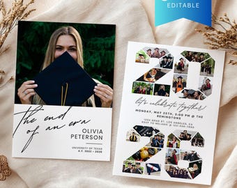 Graduation 2026 Announcement Canva Template with Photo Collage, Printable Class of Senior College/High School Grad Party Invitation Card