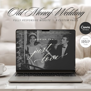 May include: A laptop displays a wedding website design with the text "Old Money Wedding." The screen shows a black and white photo of a couple with the words "Nothing Fancy, Just Love." Additional text includes "Fully Responsive Website" and "9 Custom Pages."
