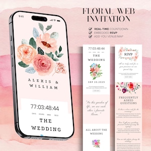 Plantilla floral de invitación de boda digital de Canva, sitio web intuitivo, animado y compartible en línea, invitación electrónica, RSVP rastreable, cuenta regresiva, lugar/mapa