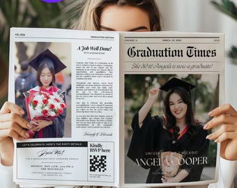 Class of 2026 Graduation Newspaper Announcement Canva Template with Multiple Photo Collage, Senior Year Graduate Party Invite Decoration
