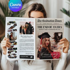 May include: A graduation announcement with the headline "The End of an Era." The newspaper-style design features photos of a graduate in a cap and gown, with the text "Class of 2026" and "University of California, Los Angeles."