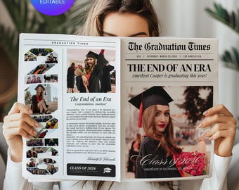 2026 Graduation Newspaper Announcement Canva Template with Multiple Photo Collage, Senior Year Graduate Party Invite Decoration